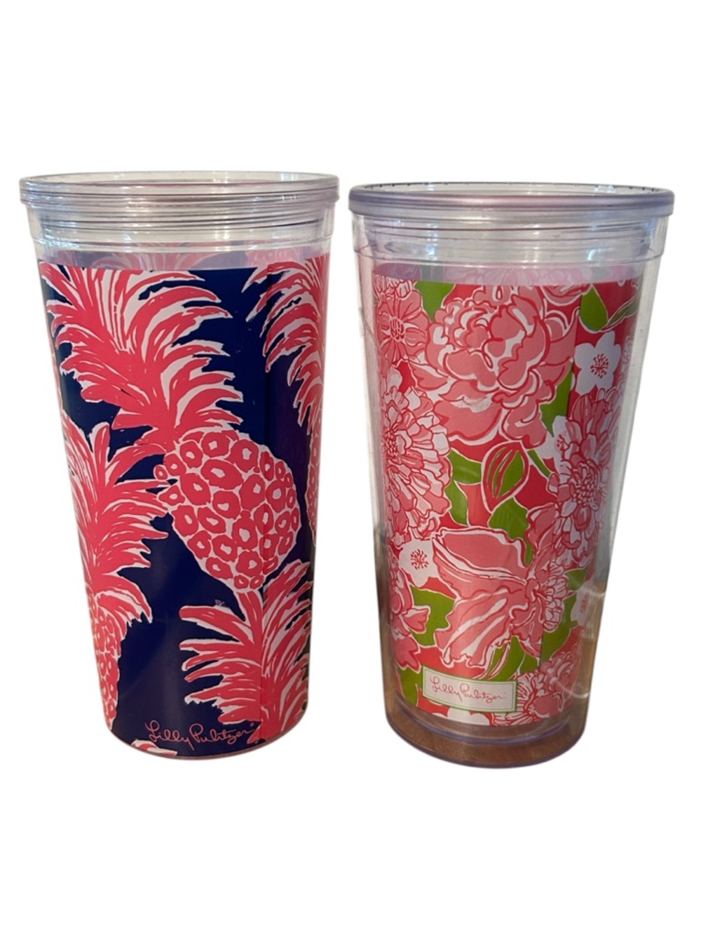 Lilly Pulitzer Pink Floral & Pineapple Double-Wall Tumblers (no lids)